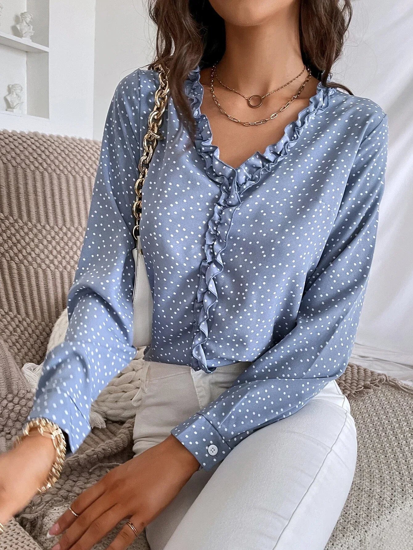 Buy SHEIN Frenchy Polka Dot Ruffle Trim Blouse in Pakistan