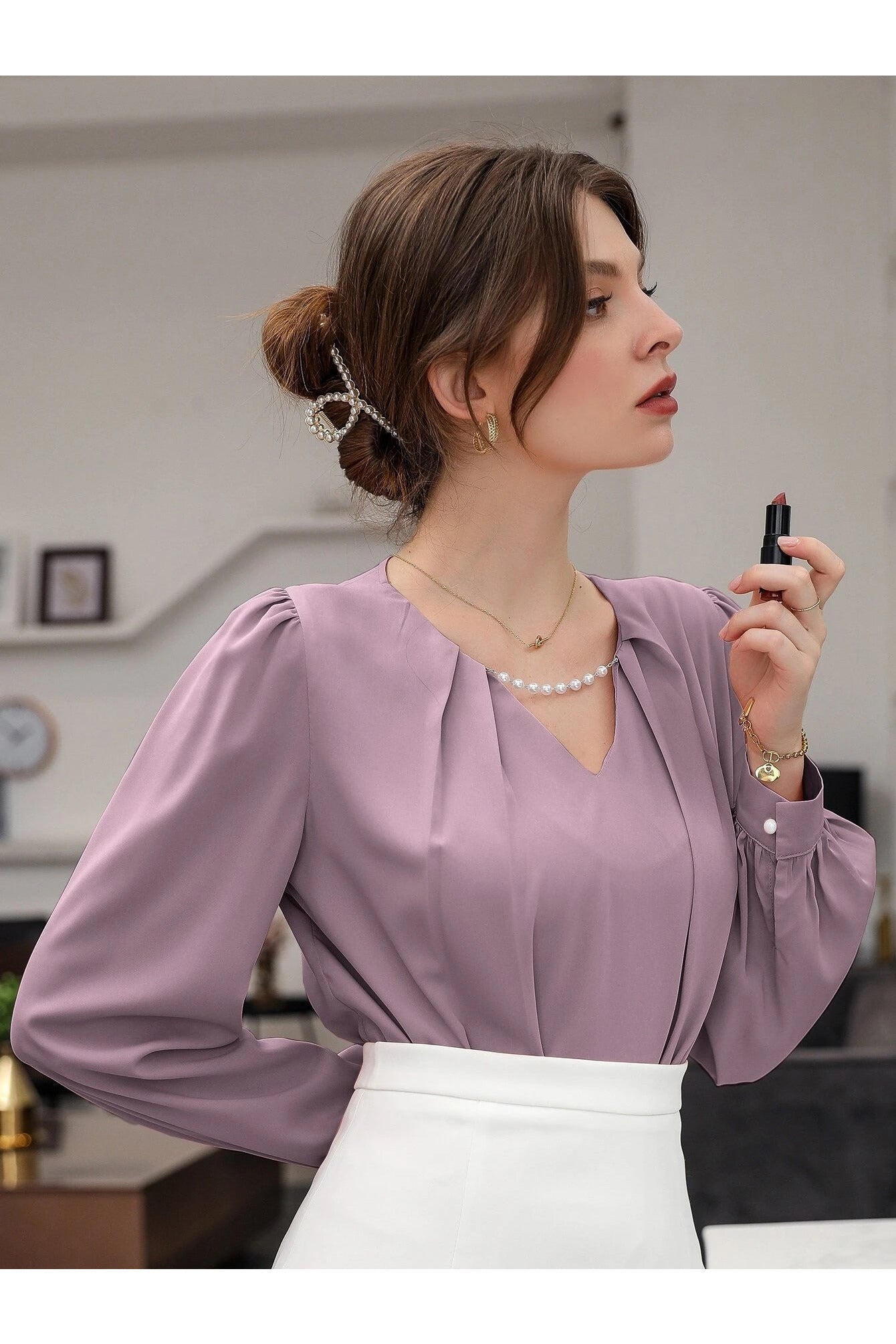 Buy SHEIN Puff Sleeve Solid Blouse in Pakistan