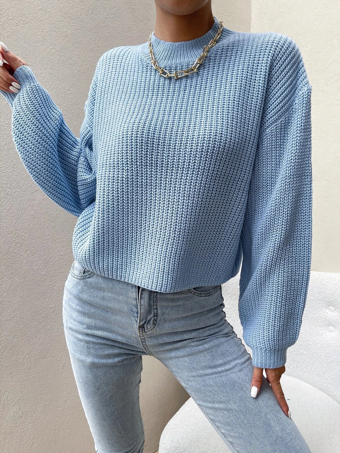 Buy Shein Mock Neck Drop Shoulder Sweater in Pakistan