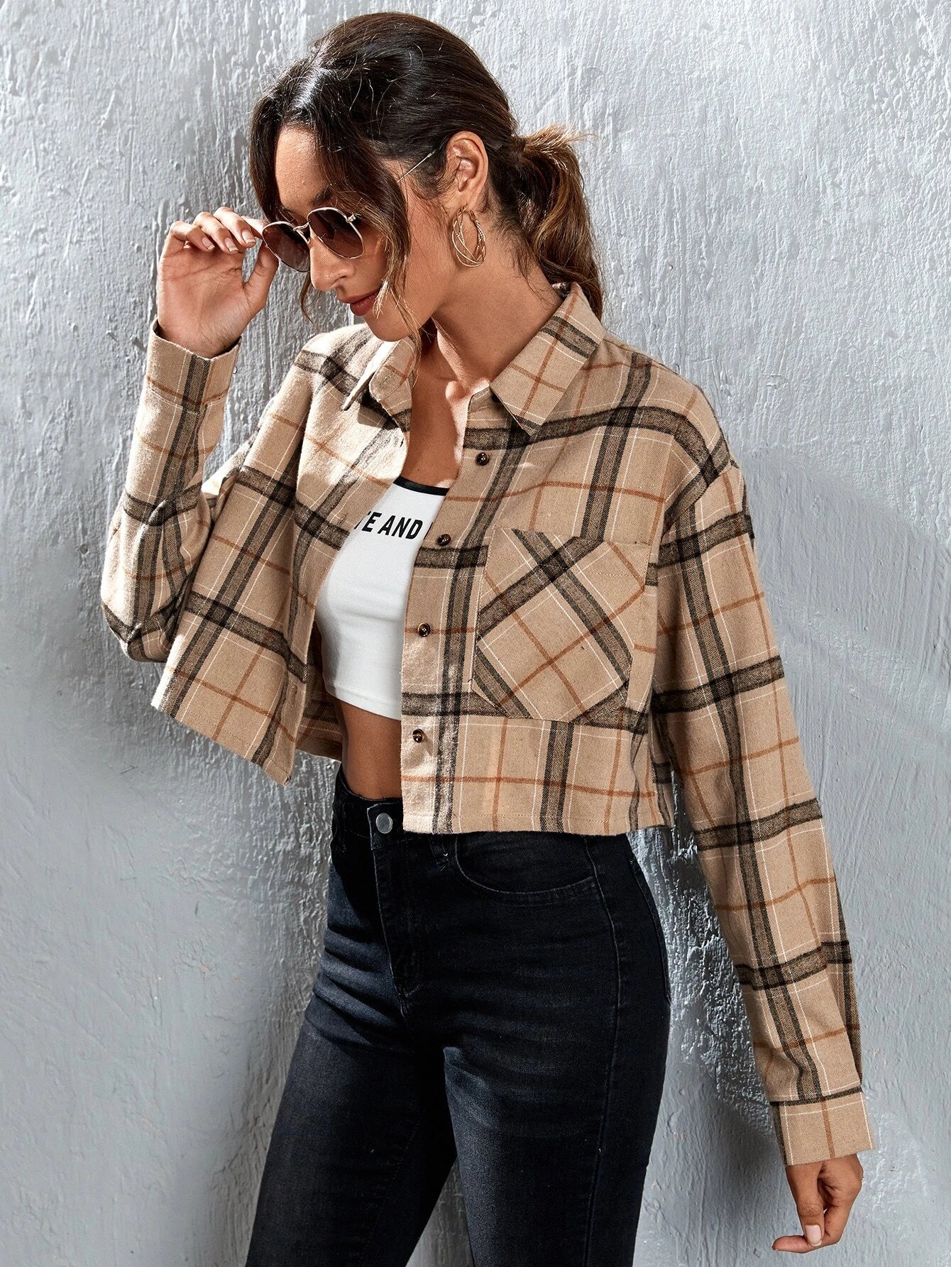 Buy Shein Ezwear Plaid Patched Pocket Drop Shoulder Crop Shirt in Pakistan