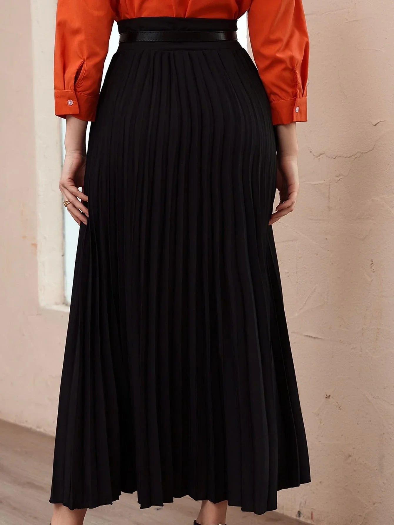 Buy Shein Modely Solid High Waist Belted Pleated Skirt in Pakistan
