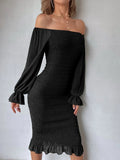 Buy Shein Off Shoulder Flounce Sleeve Ruffle Hem Shirred Chiffon Bodycon Dress in Pakistan