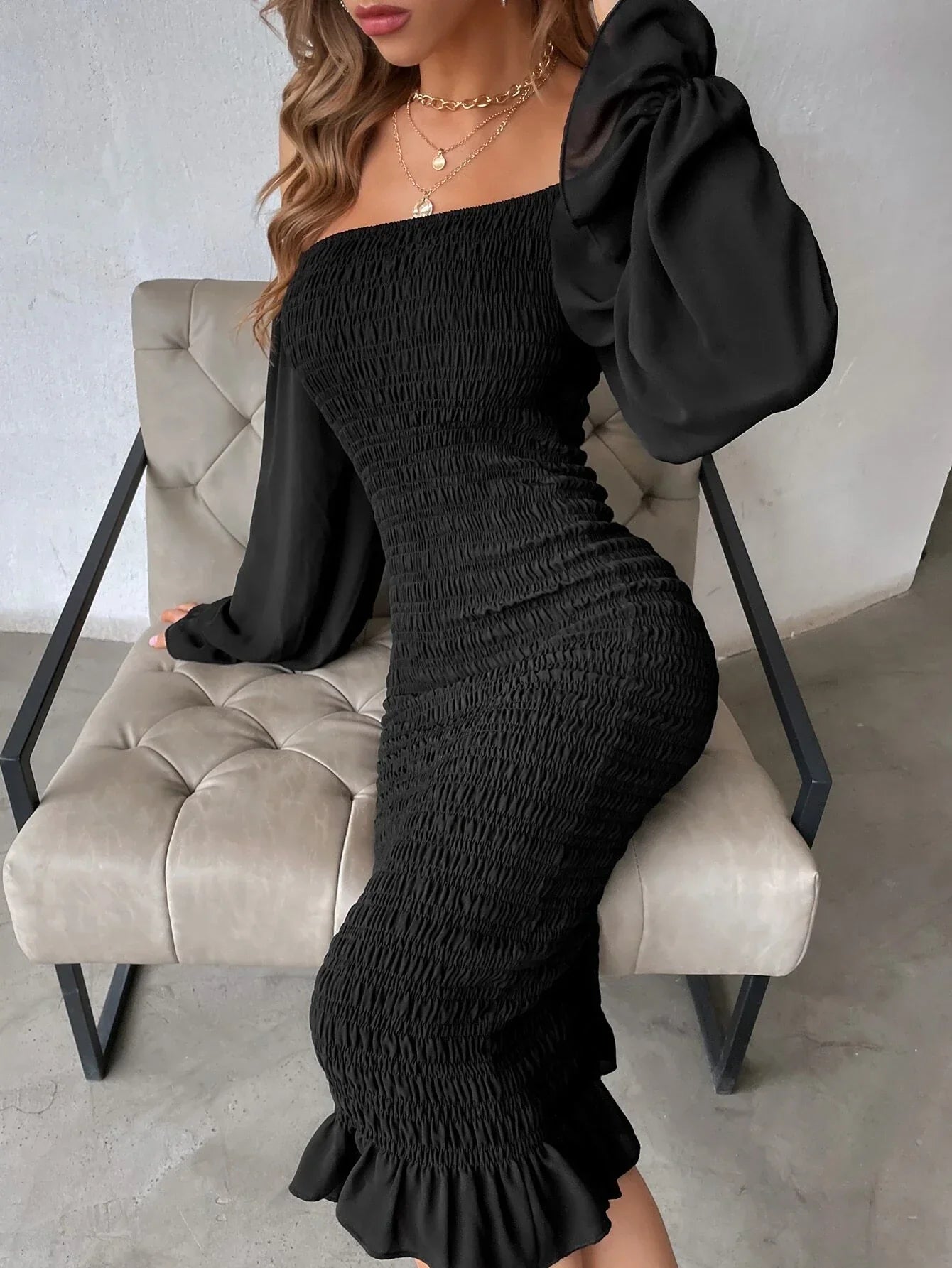 Buy Shein Off Shoulder Flounce Sleeve Ruffle Hem Shirred Chiffon Bodycon Dress in Pakistan