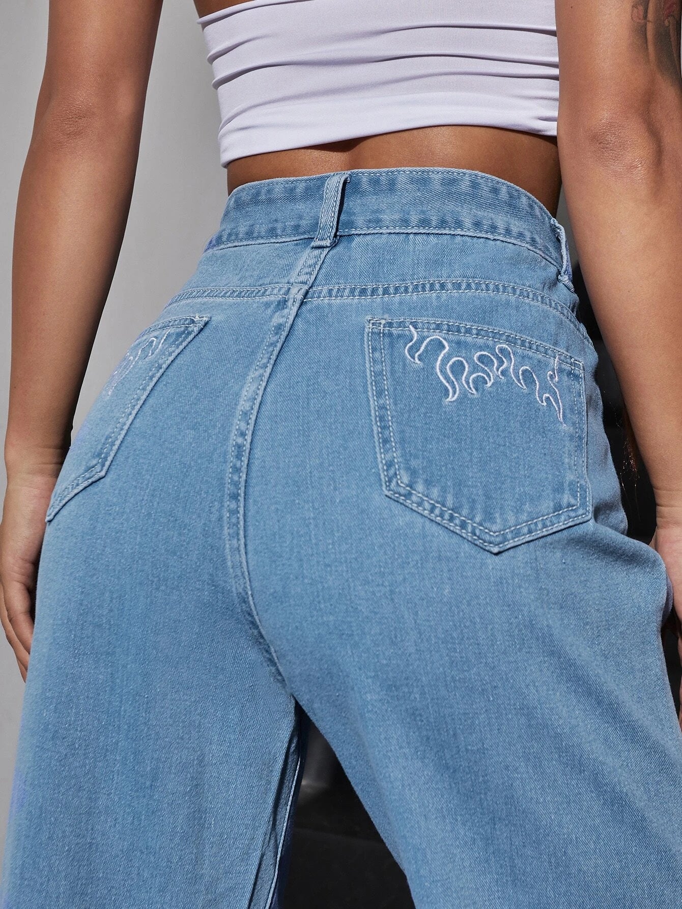 Buy Shein Fire Print Raw Hem Straight Leg Jeans in Pakistan