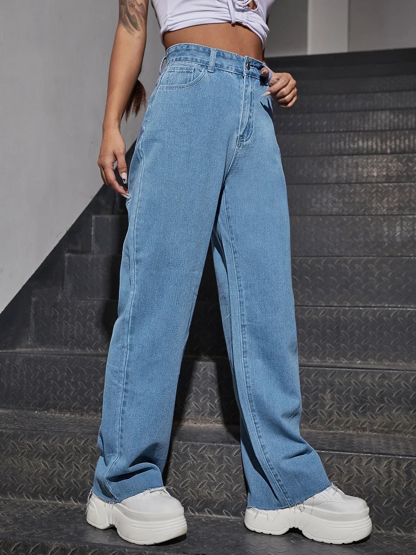 Buy Shein Fire Print Raw Hem Straight Leg Jeans in Pakistan