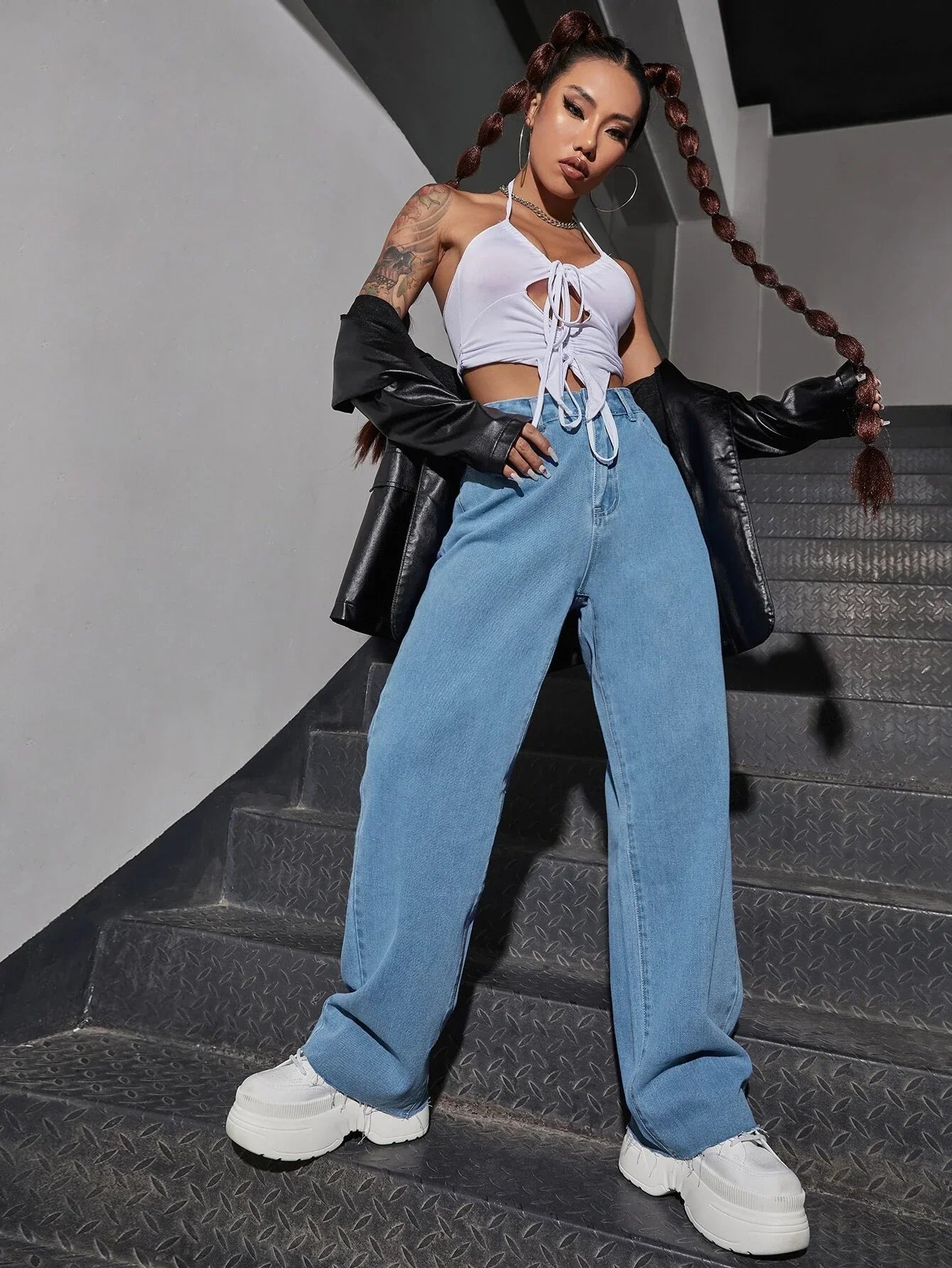 Buy Shein Fire Print Raw Hem Straight Leg Jeans in Pakistan