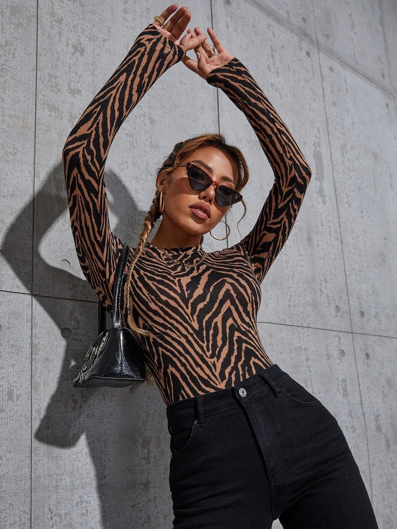 Buy SHEIN Zebra Striped Print Stand Neck T-Shirt in Pakistan