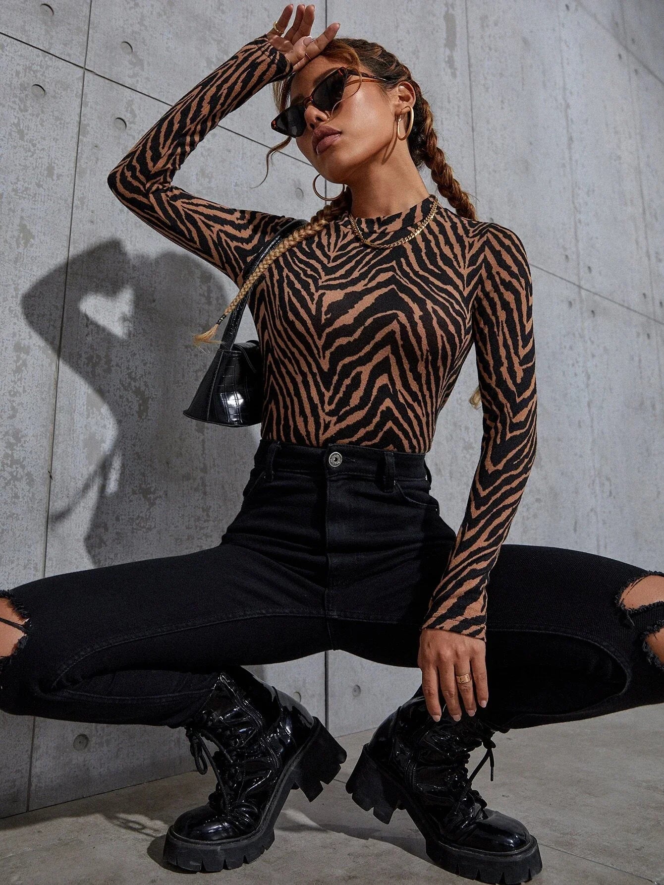 Buy SHEIN Zebra Striped Print Stand Neck T-Shirt in Pakistan