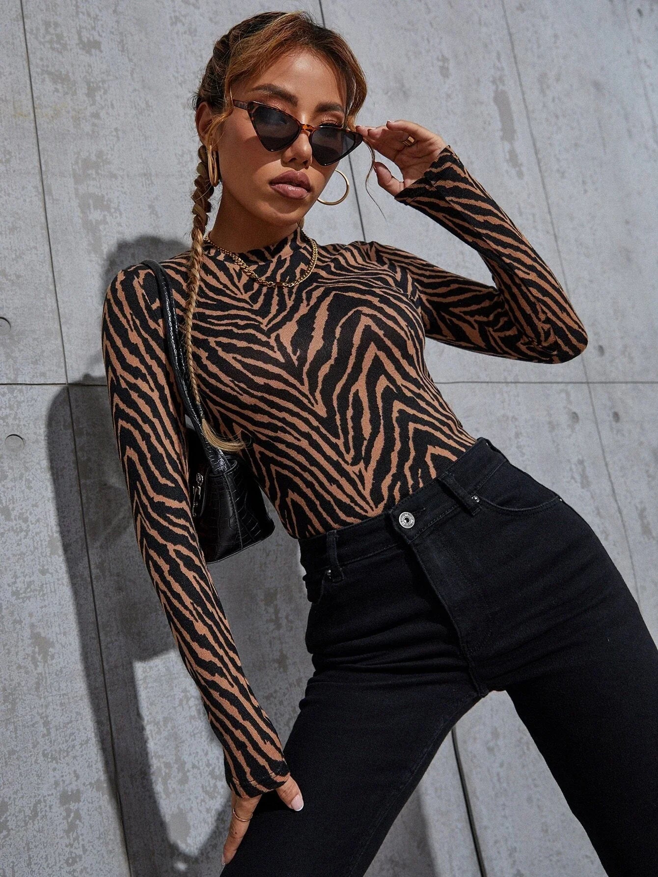 Buy SHEIN Zebra Striped Print Stand Neck T-Shirt in Pakistan