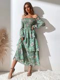 Buy SHEIN Mulvari Allover Floral Print Off The Shoulder Shirred Layered Hem Dress in Pakistan