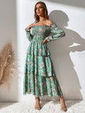 Buy SHEIN Mulvari Allover Floral Print Off The Shoulder Shirred Layered Hem Dress in Pakistan