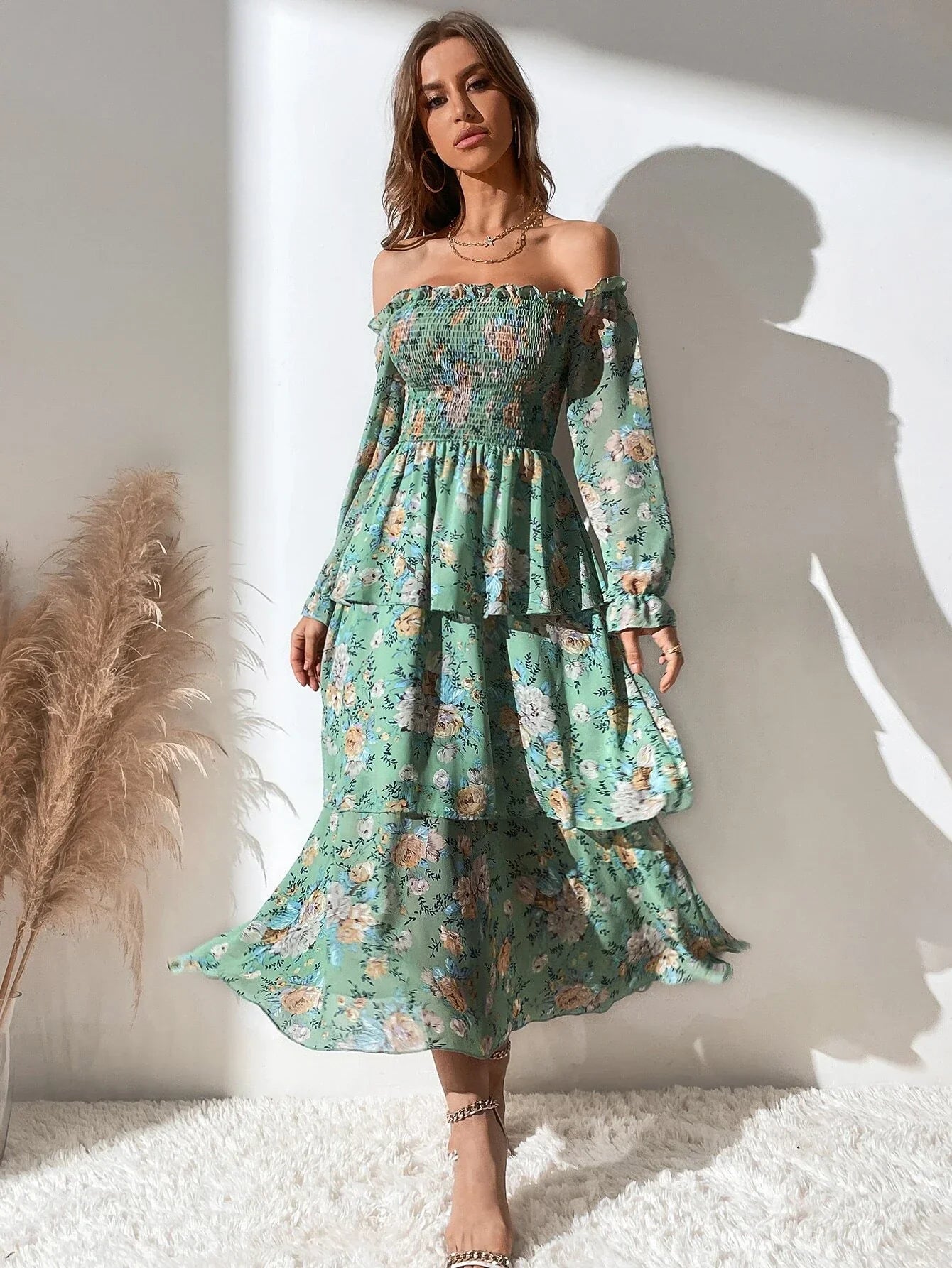 Buy SHEIN Mulvari Allover Floral Print Off The Shoulder Shirred Layered Hem Dress in Pakistan