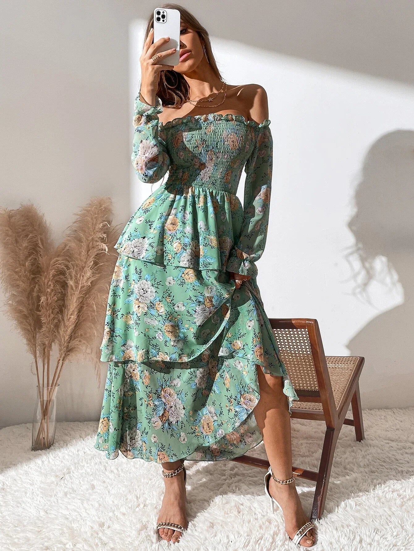 Buy SHEIN Mulvari Allover Floral Print Off The Shoulder Shirred Layered Hem Dress in Pakistan