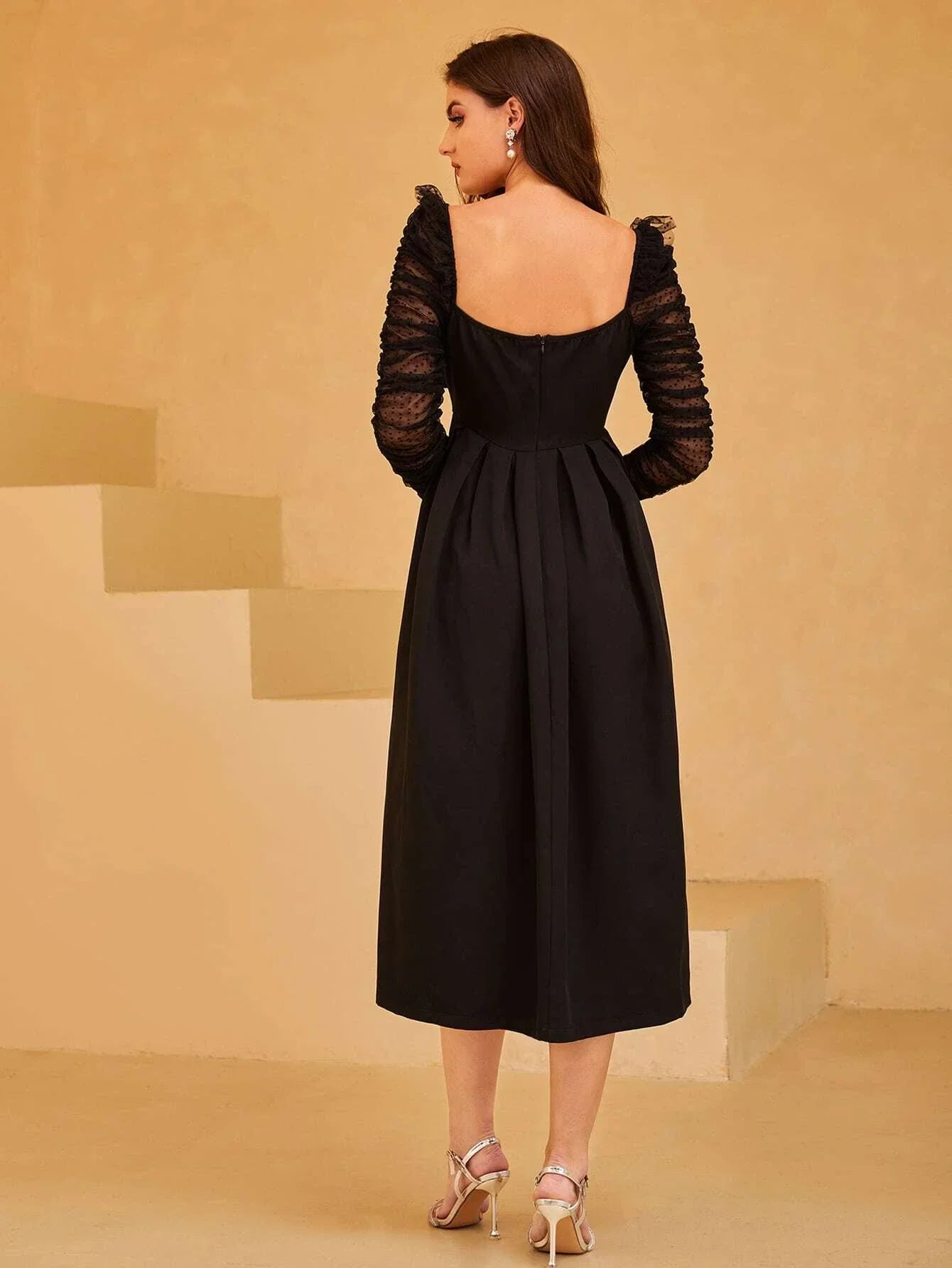 Buy SHEIN Dobby Mesh Panel Ruched Pleated Dress in Pakistan