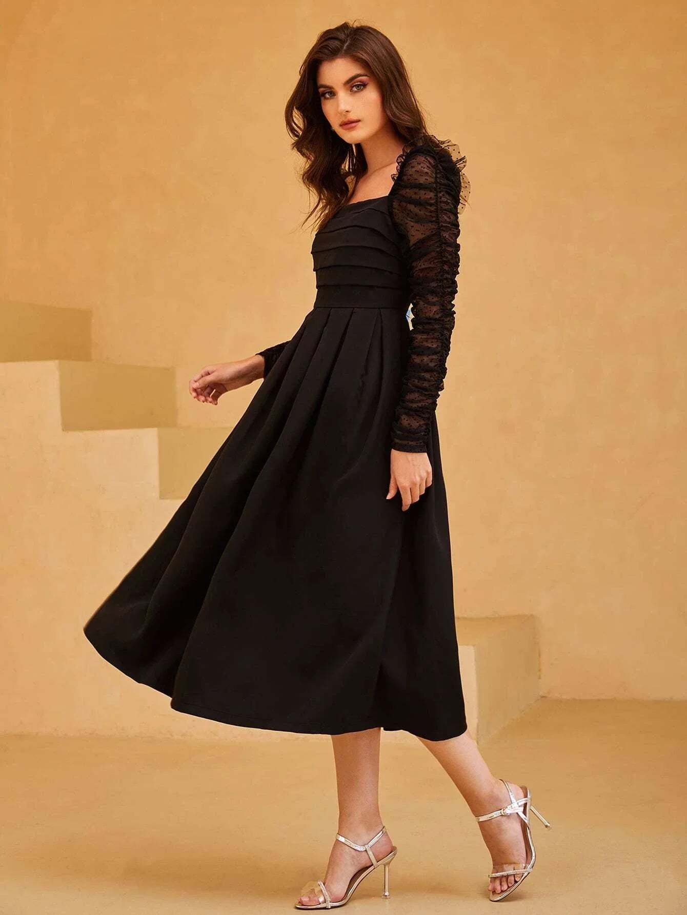 Buy SHEIN Dobby Mesh Panel Ruched Pleated Dress in Pakistan