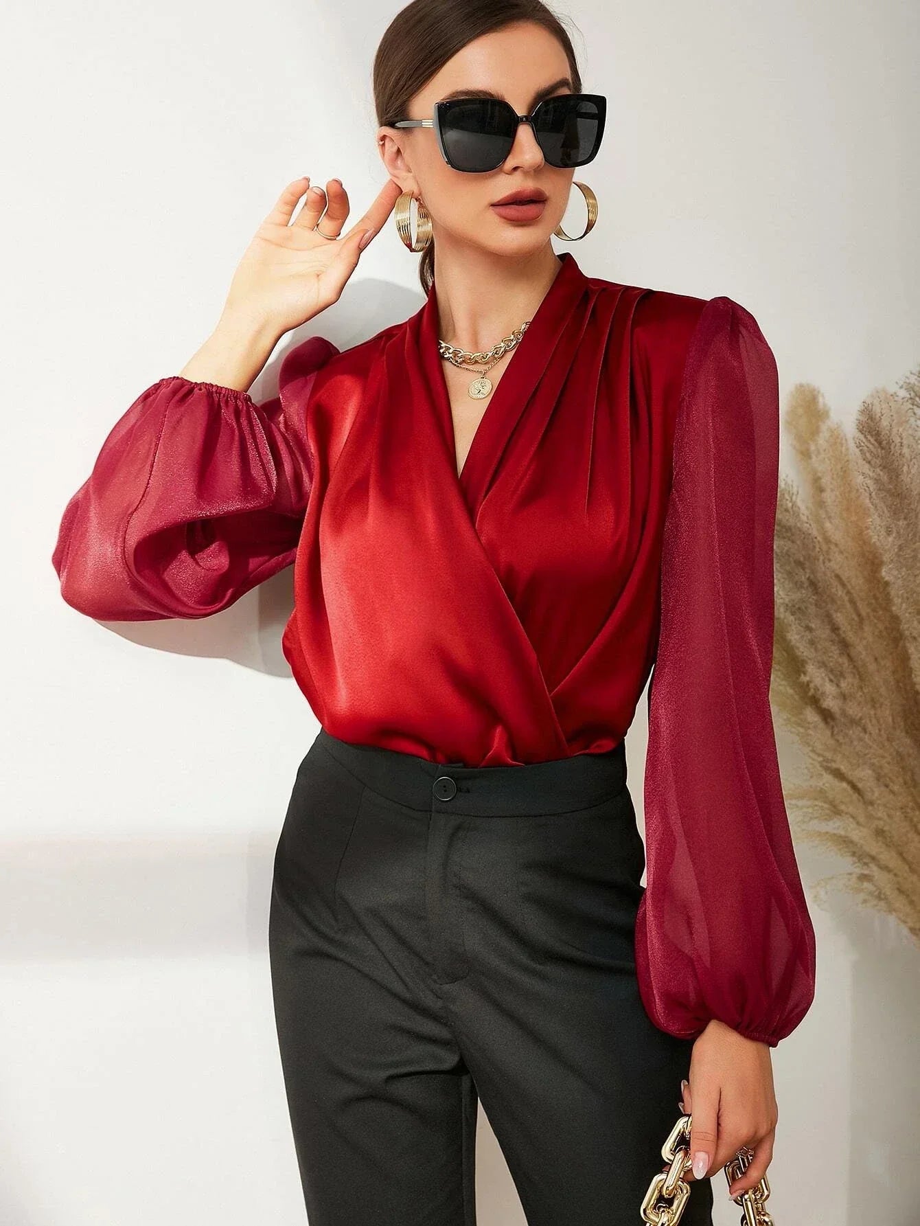 Buy SHEIN Modely Fold Pleated Lantern Sleeve Satin Blouse in Pakistan
