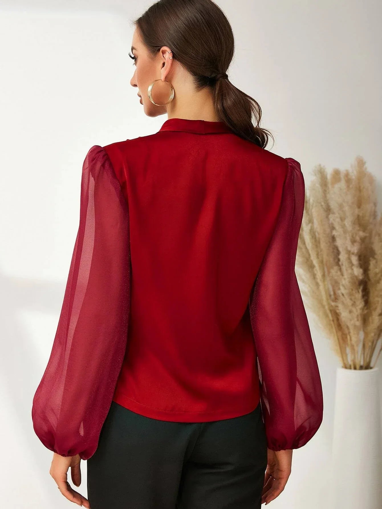 Buy SHEIN Modely Fold Pleated Lantern Sleeve Satin Blouse in Pakistan