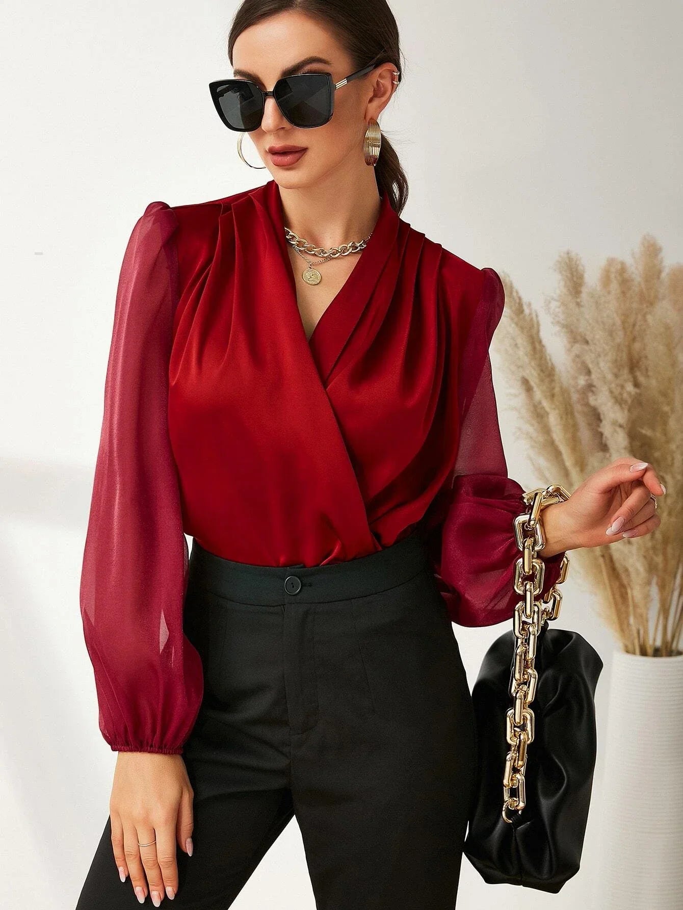 Buy SHEIN Modely Fold Pleated Lantern Sleeve Satin Blouse in Pakistan