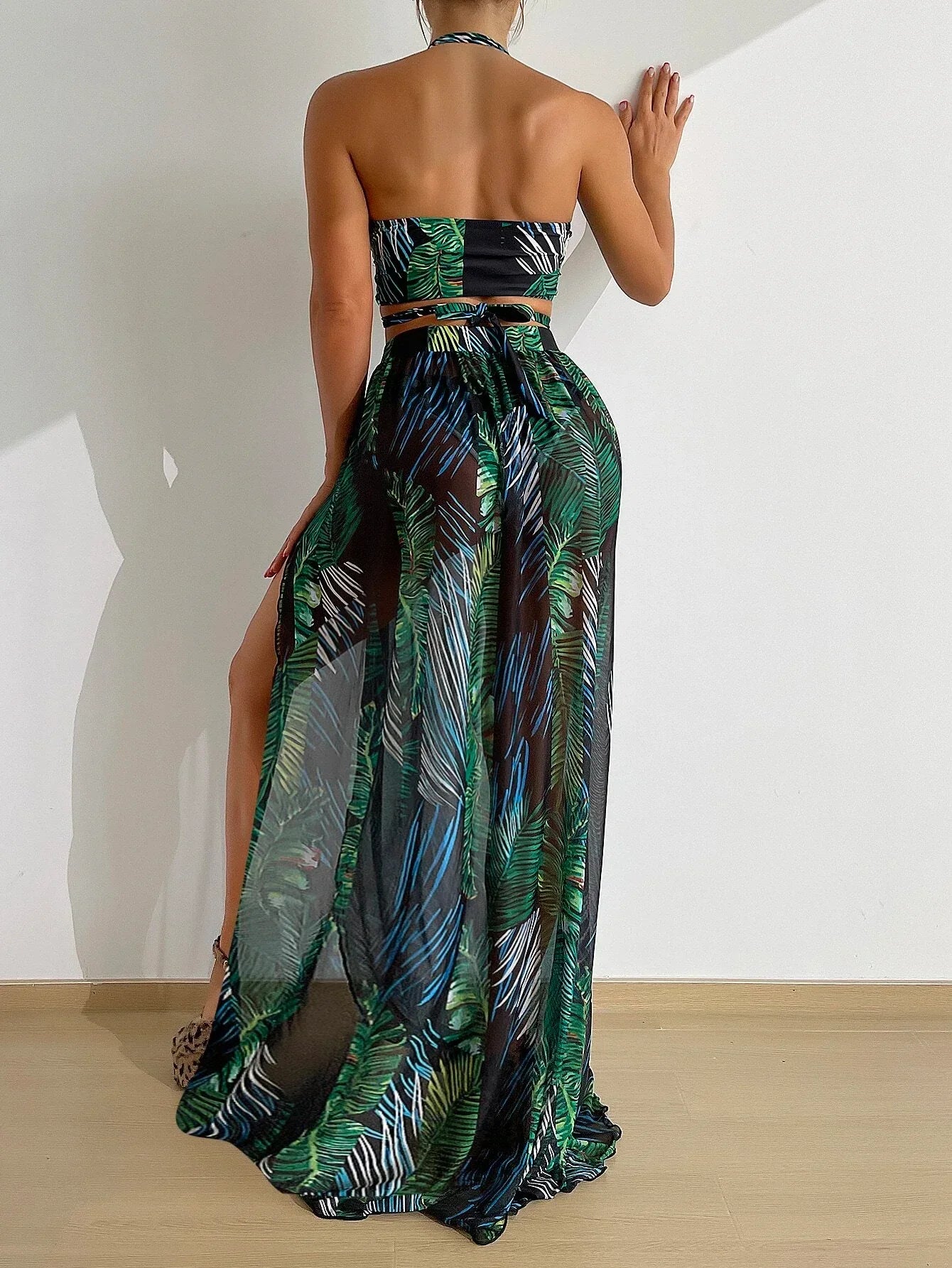 Buy SHEIN Palm Leaf Print Criss Cross Halter Bikini Swimsuit in Pakistan