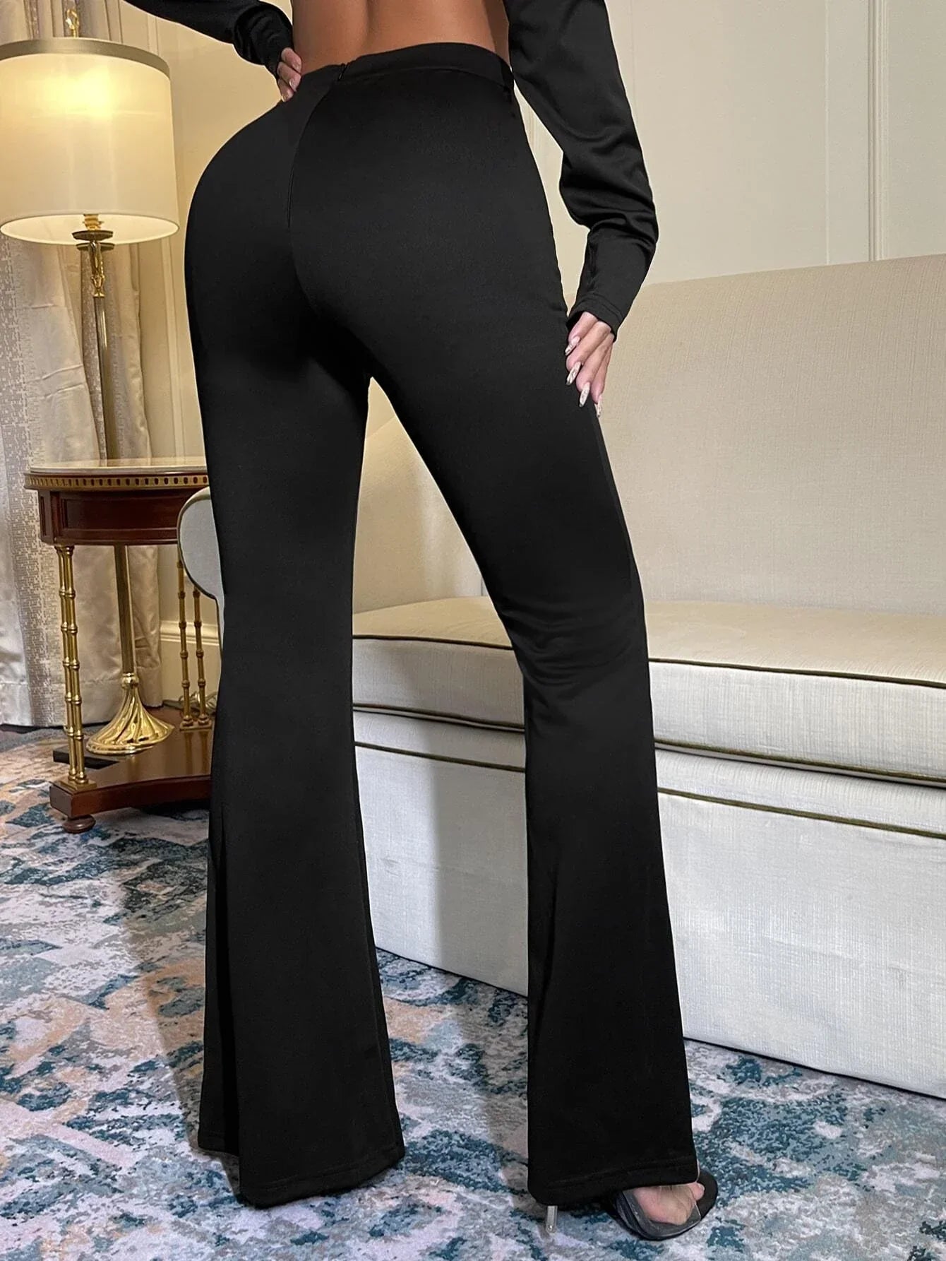 Buy Shein Bae Rhinestone Chain Detail Slit Hem Flare Leg Pants in Pakistan