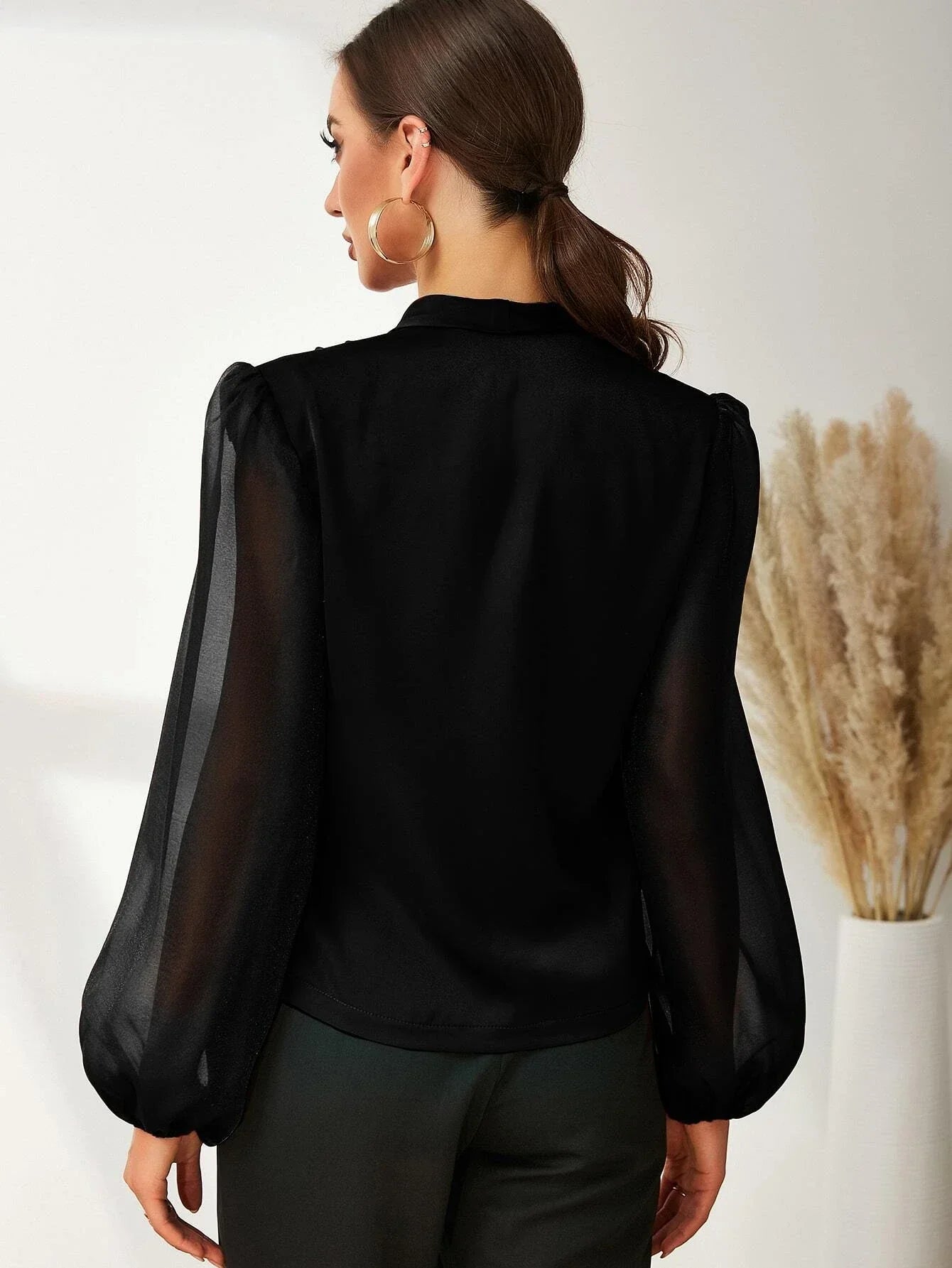 Buy SHEIN Modely Fold Pleated Lantern Sleeve Satin Blouse in Pakistan