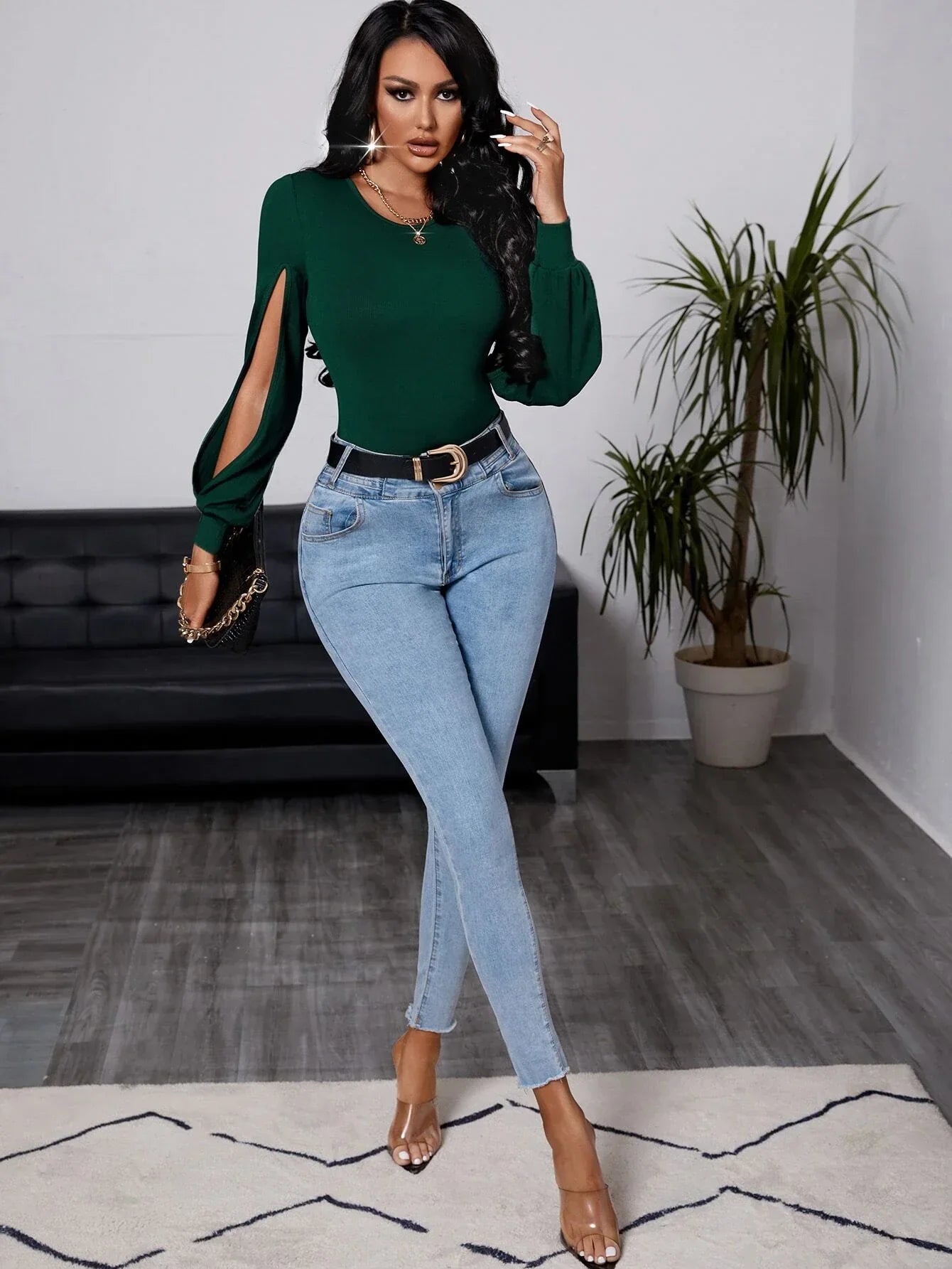 Buy SHEIN SXY Split Lantern Sleeve Ribbed Knit Slim Fit Bodysuit in Pakistan