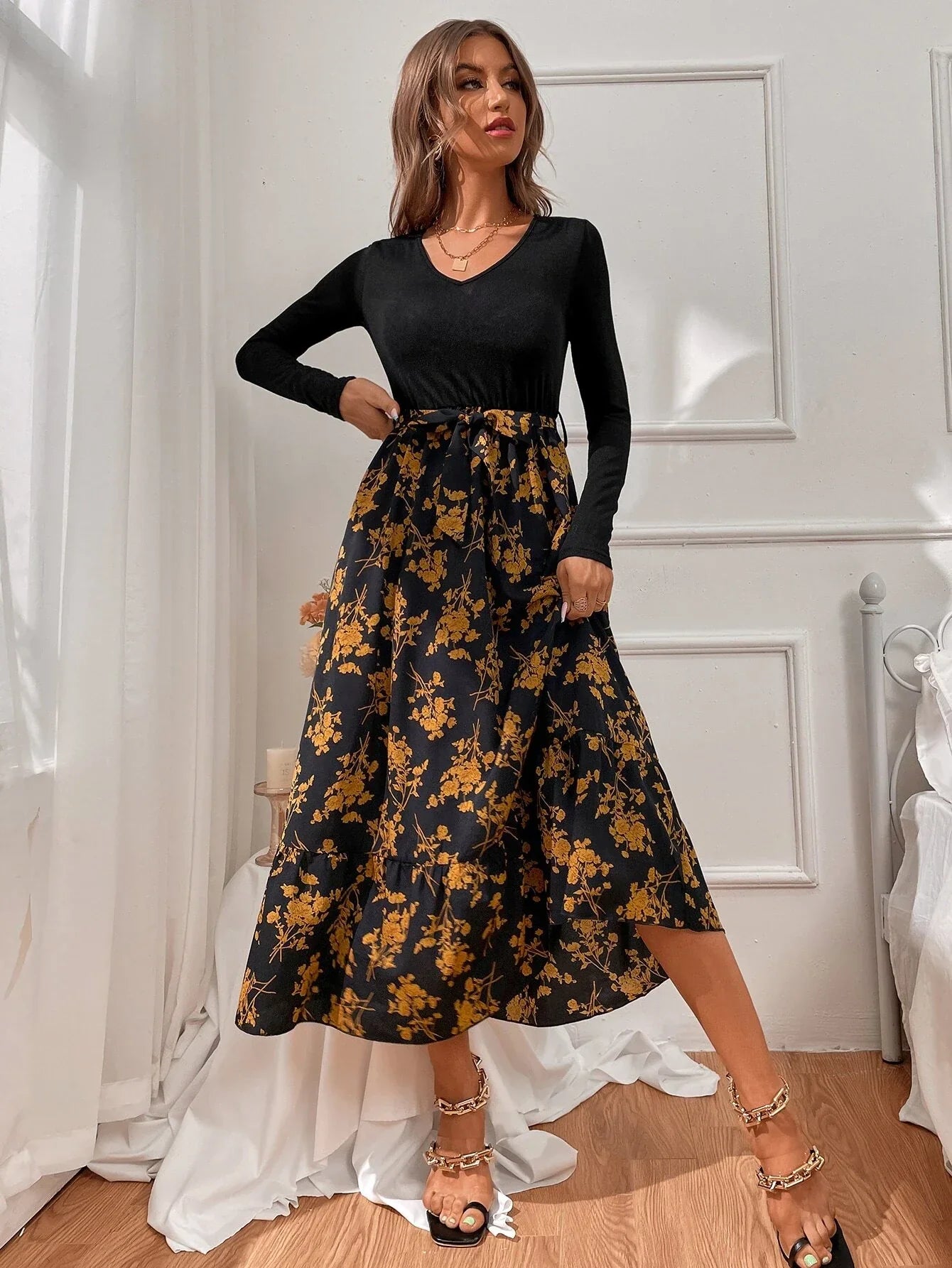 Buy SHEIN Floral Print Belted A-line Dress in Pakistan