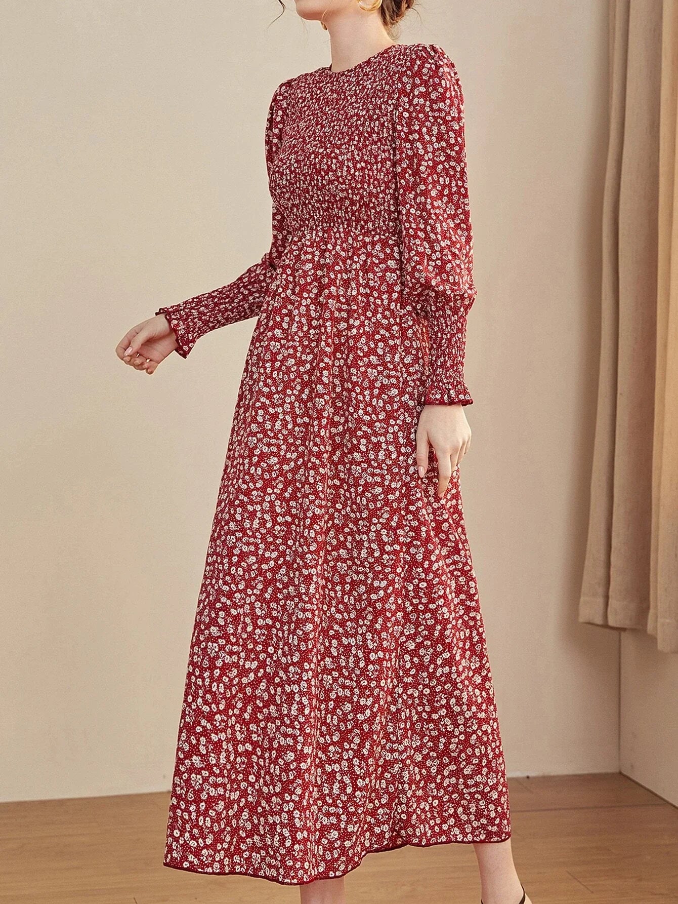 Buy Shein Mulvari Ditsy Floral Puff Sleeve Shirred A Line Dress in Pakistan