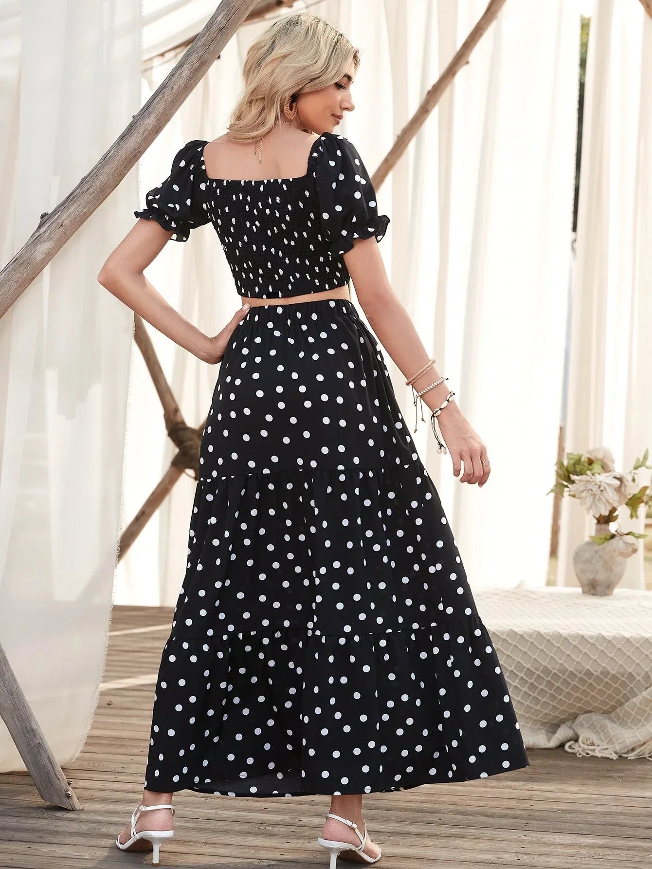 Buy SHEIN VCAY Square Neck Allover Print Shirred Puff Sleeve Crop Top & Polka Dot Print Skirt in Pakistan