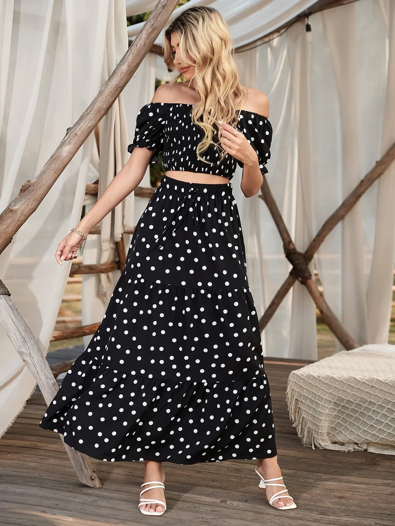 Buy SHEIN VCAY Square Neck Allover Print Shirred Puff Sleeve Crop Top & Polka Dot Print Skirt in Pakistan