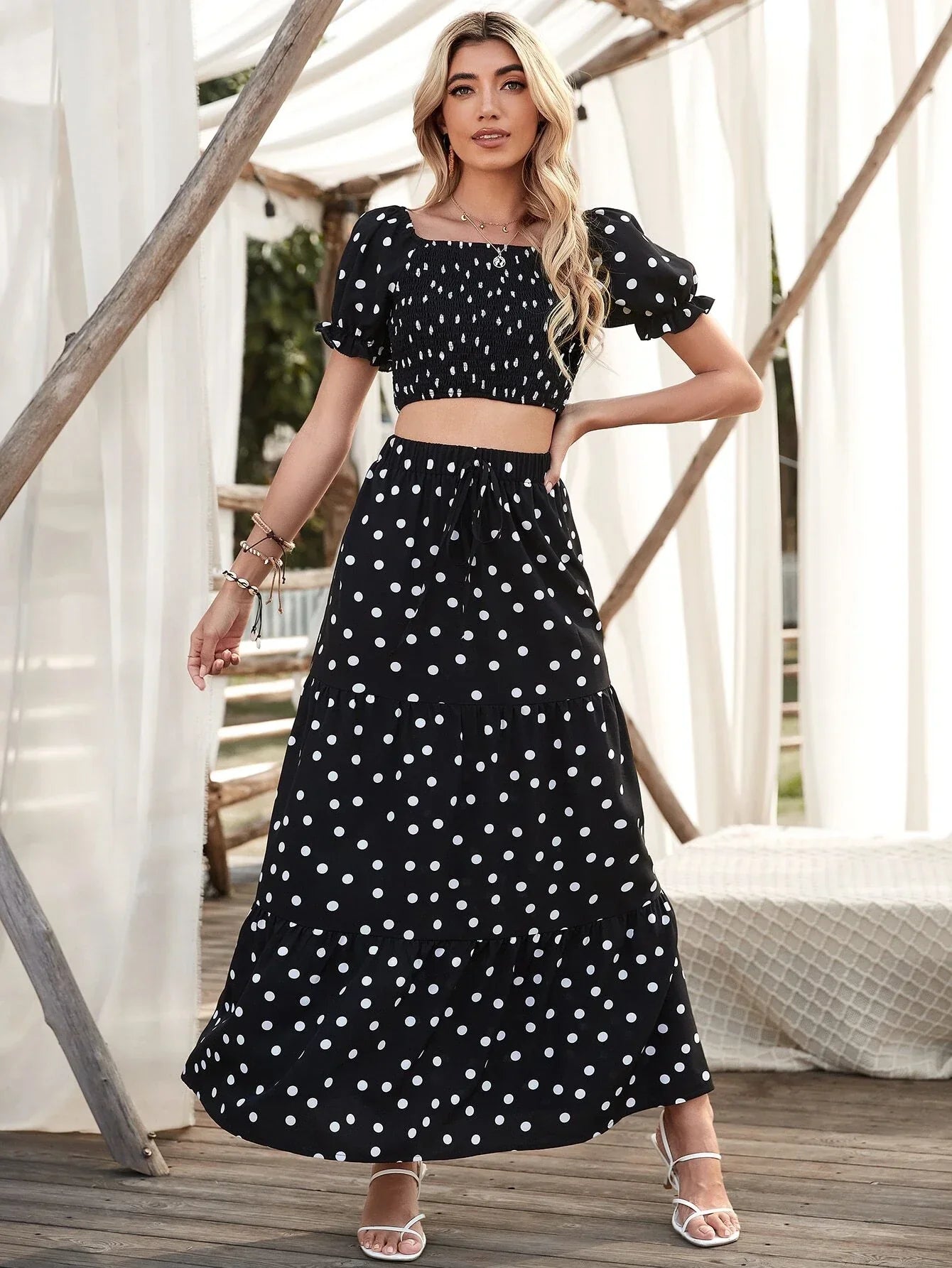 Buy SHEIN VCAY Square Neck Allover Print Shirred Puff Sleeve Crop Top & Polka Dot Print Skirt in Pakistan