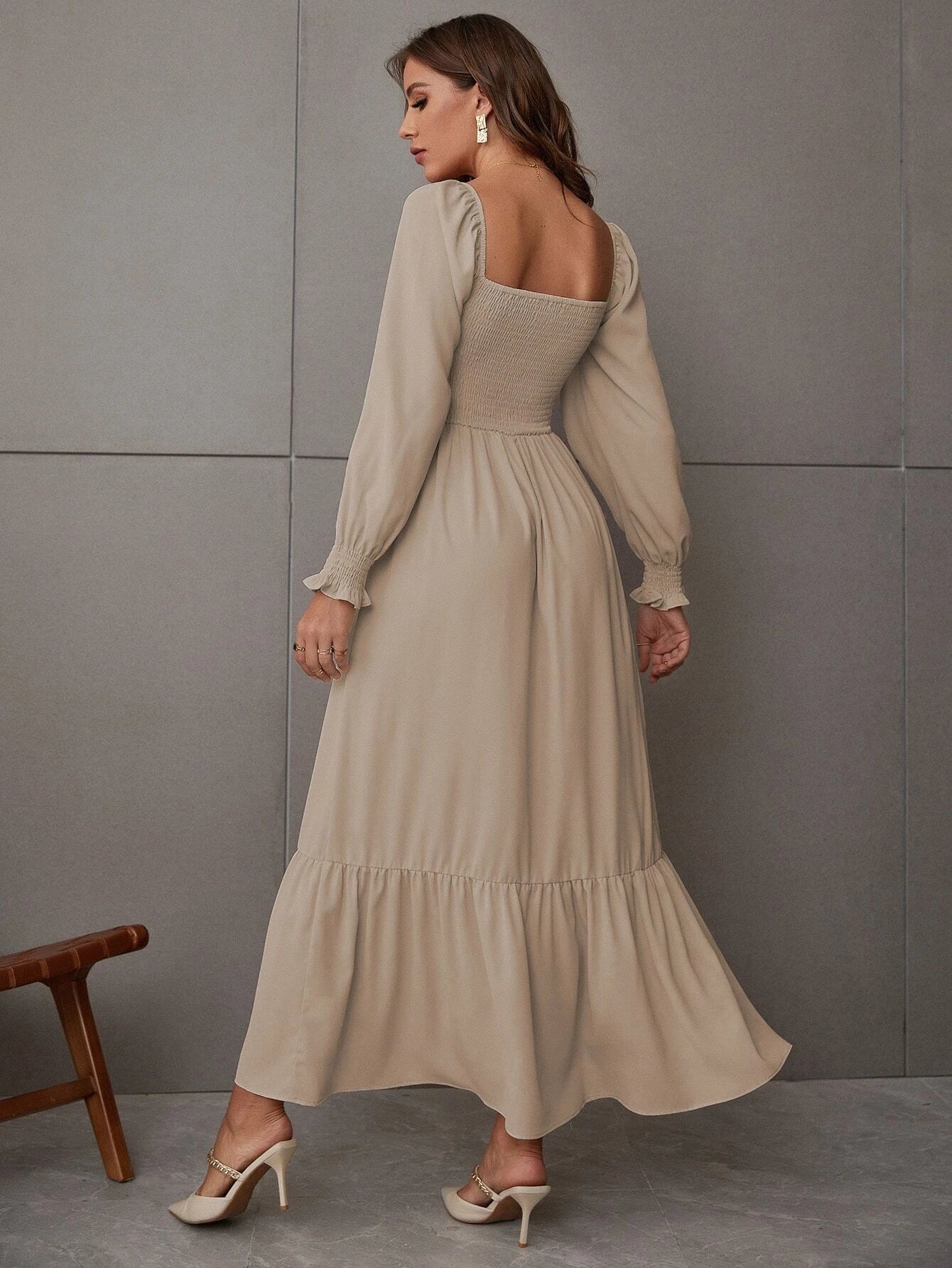 Buy Shein Square Neck Shirred Ruffle Hem Dress in Pakistan