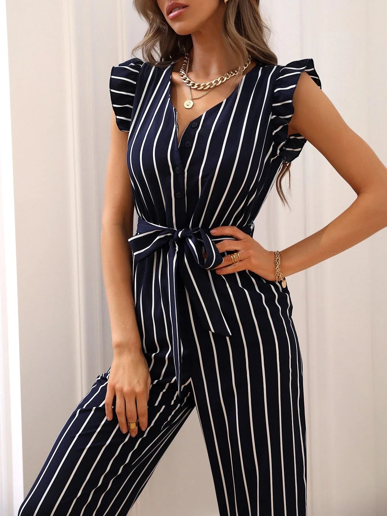 Buy Shein Striped Print Ruffle Trim Belted Jumpsuit in Pakistan