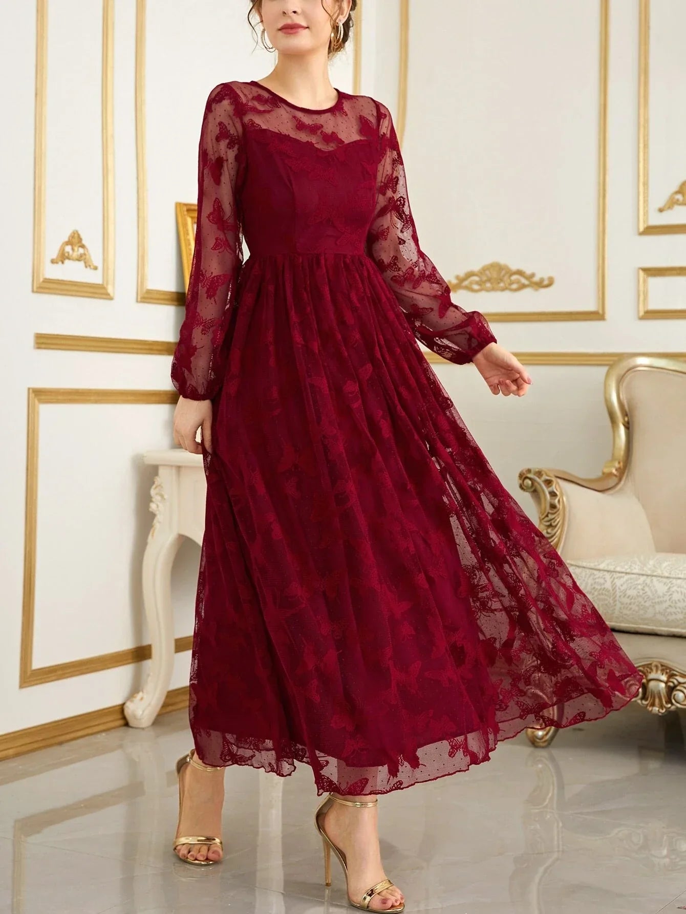 Buy SHEIN Modely Butterfly Embroidery Mesh Lantern Sleeve Dress in Pakistan