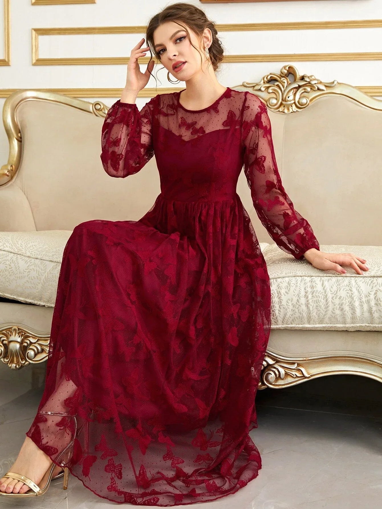 Buy SHEIN Modely Butterfly Embroidery Mesh Lantern Sleeve Dress in Pakistan