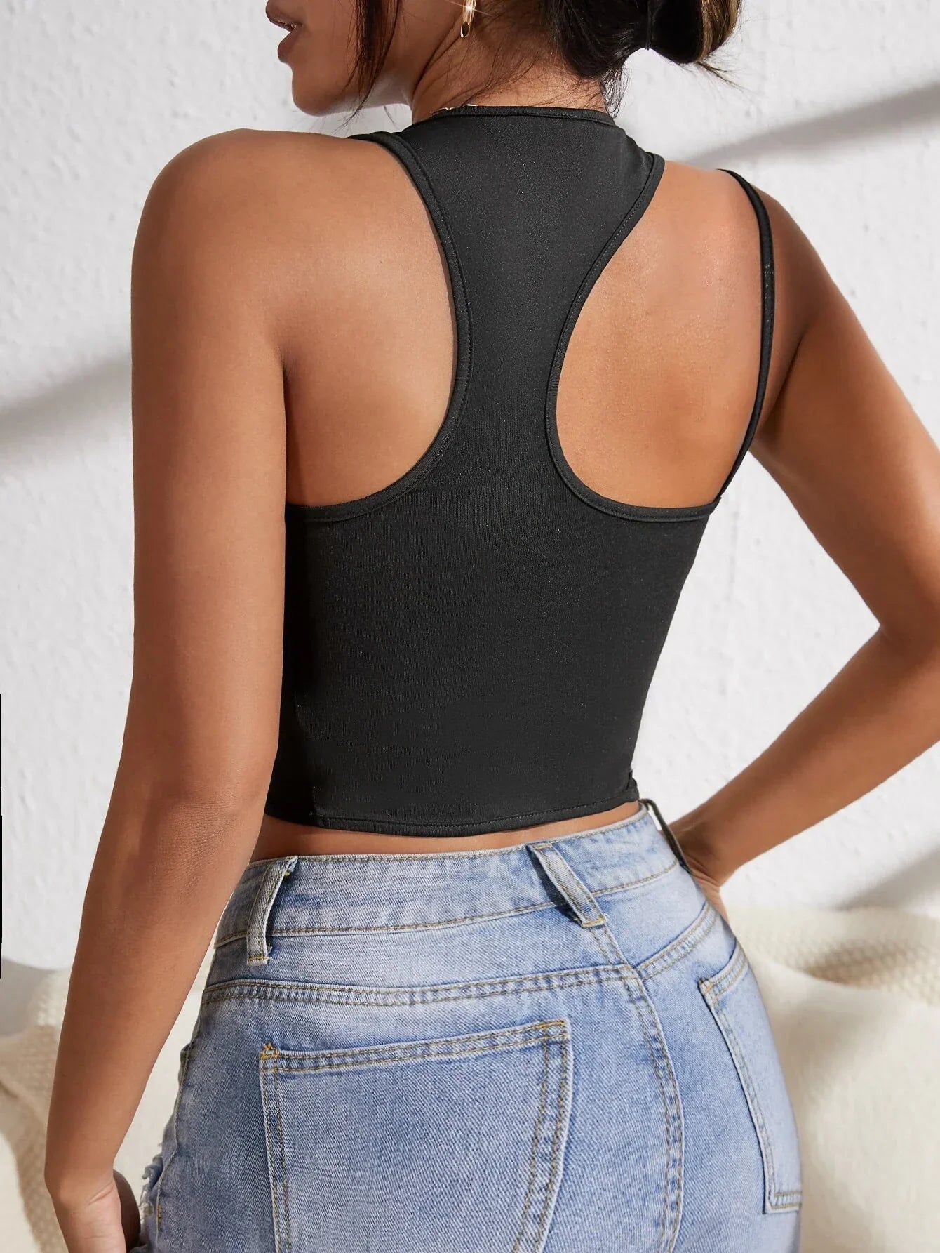 Buy Shein Asymmetrical Neck Patch Detail Racerback Crop Top in Pakistan