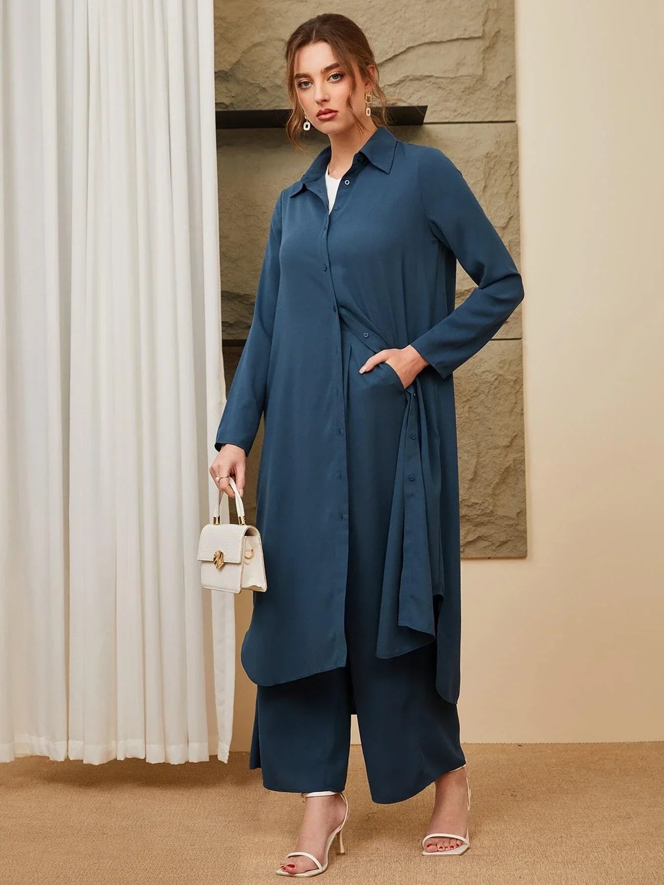 Buy SHEIN Mulvari Button Front Coat & Wide Leg Pants in Pakistan