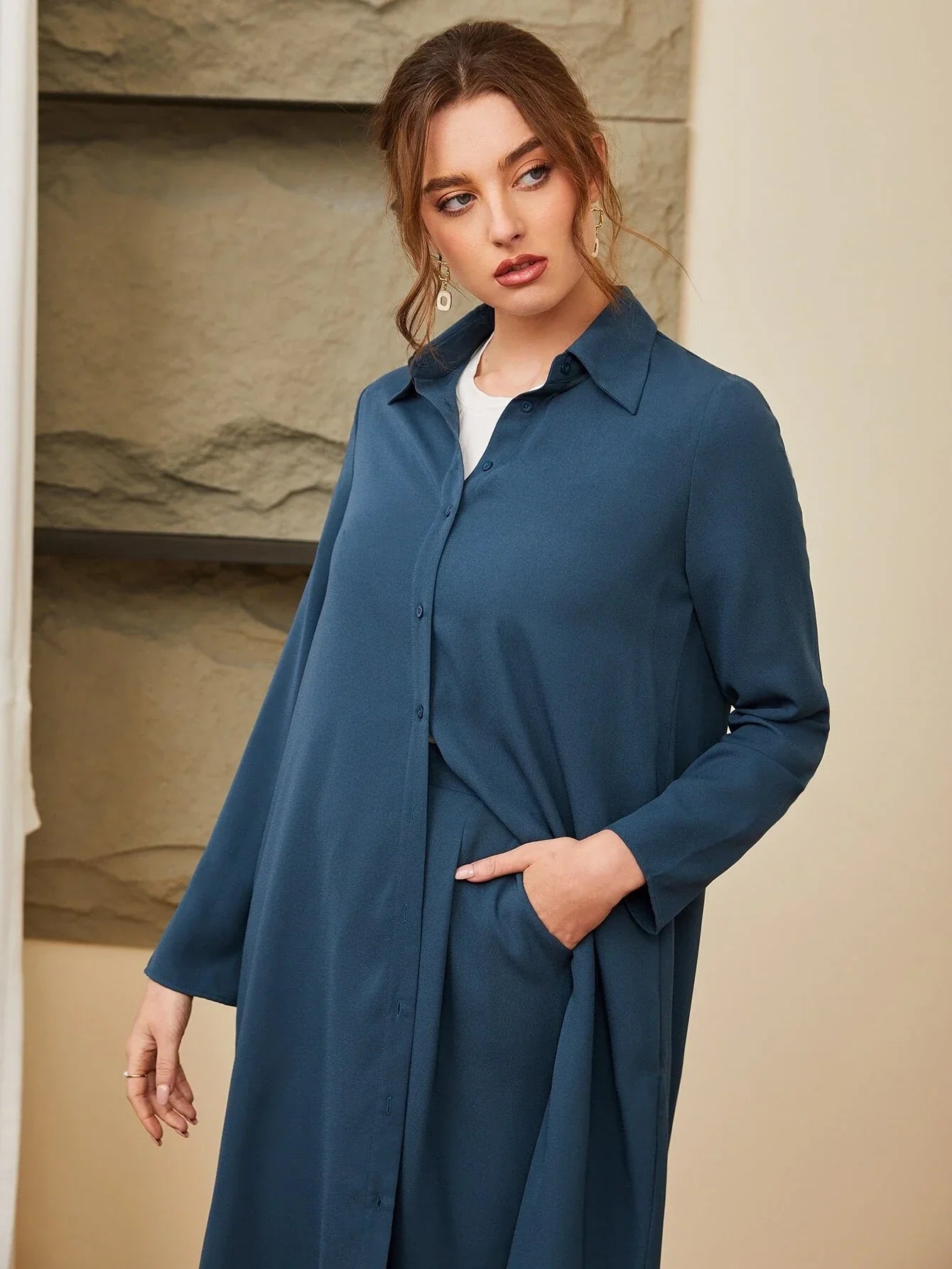 Buy SHEIN Mulvari Button Front Coat & Wide Leg Pants in Pakistan