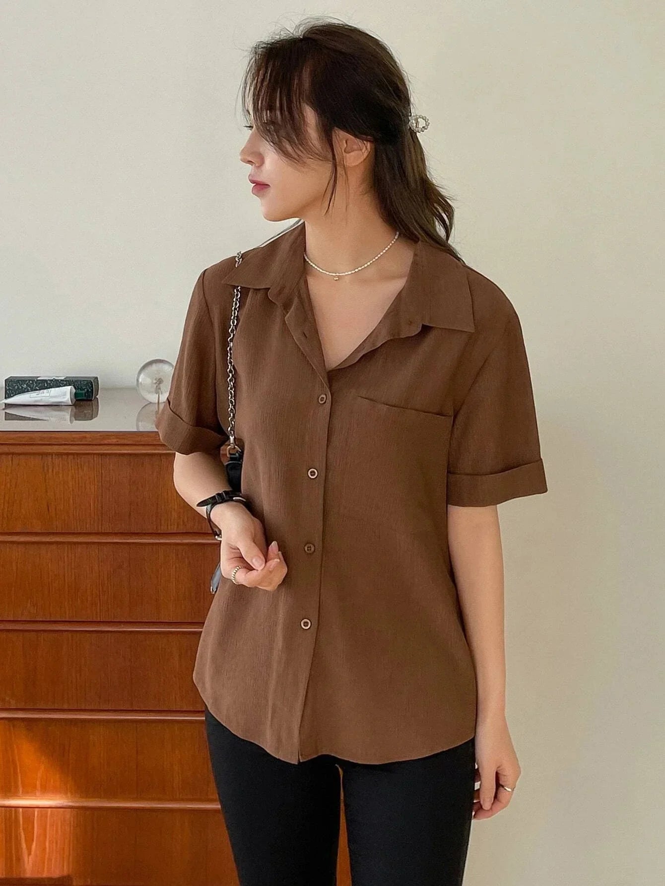 Buy SHEIN DAZY Patched Pocket Roll Up Sleeve Shirt in Pakistan