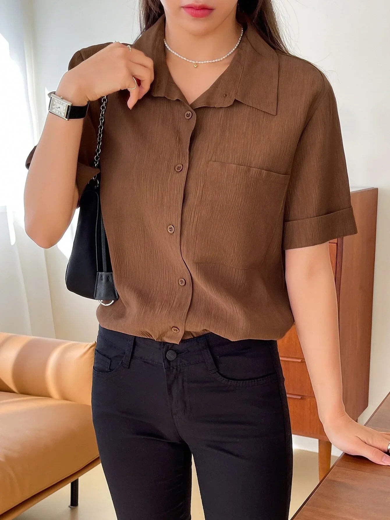 Buy SHEIN DAZY Patched Pocket Roll Up Sleeve Shirt in Pakistan