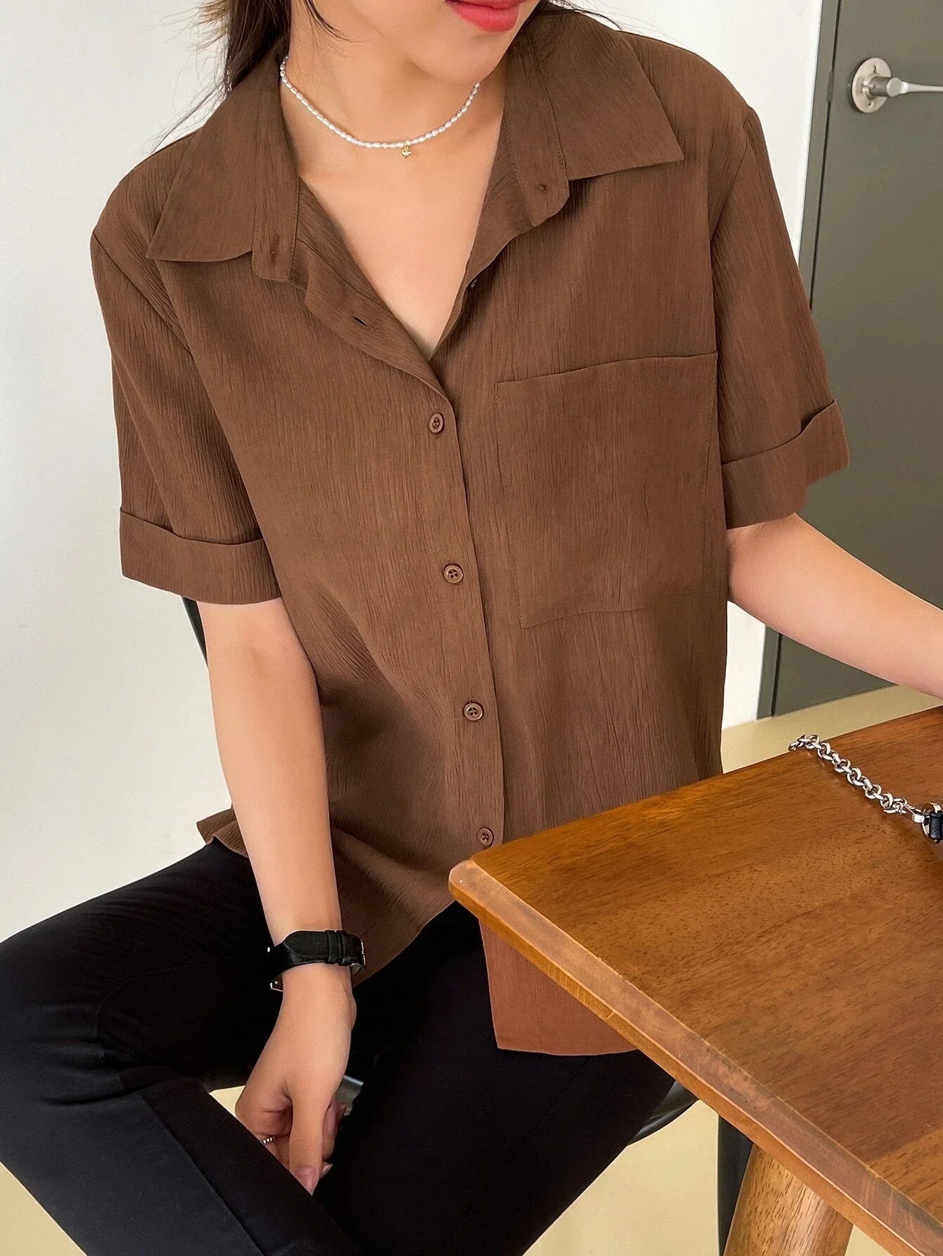 Buy SHEIN DAZY Patched Pocket Roll Up Sleeve Shirt in Pakistan