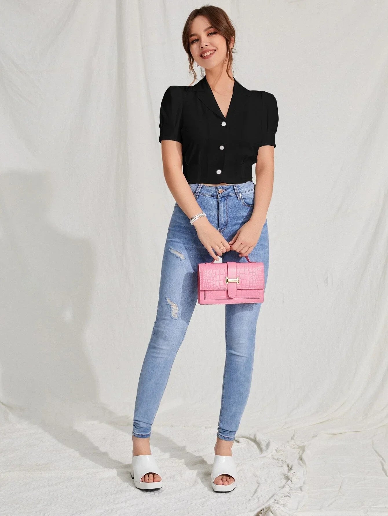 Buy Shein Mod Lapel Collar Puff Sleeve Button Up Blouse in Pakistan