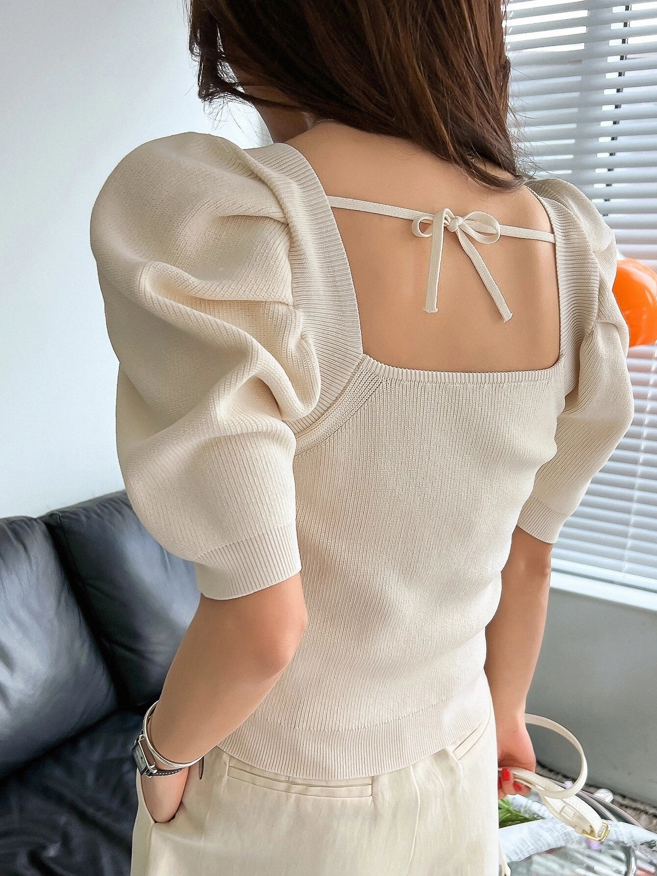 Buy Shein DAZY Square Neck Puff Sleeve Tie Back Knit Top in Pakistan