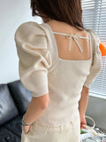 Buy Shein DAZY Square Neck Puff Sleeve Tie Back Knit Top in Pakistan