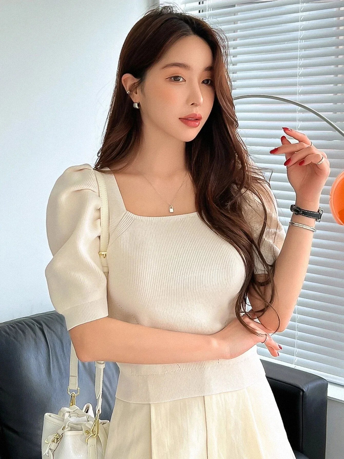 Buy Shein DAZY Square Neck Puff Sleeve Tie Back Knit Top in Pakistan