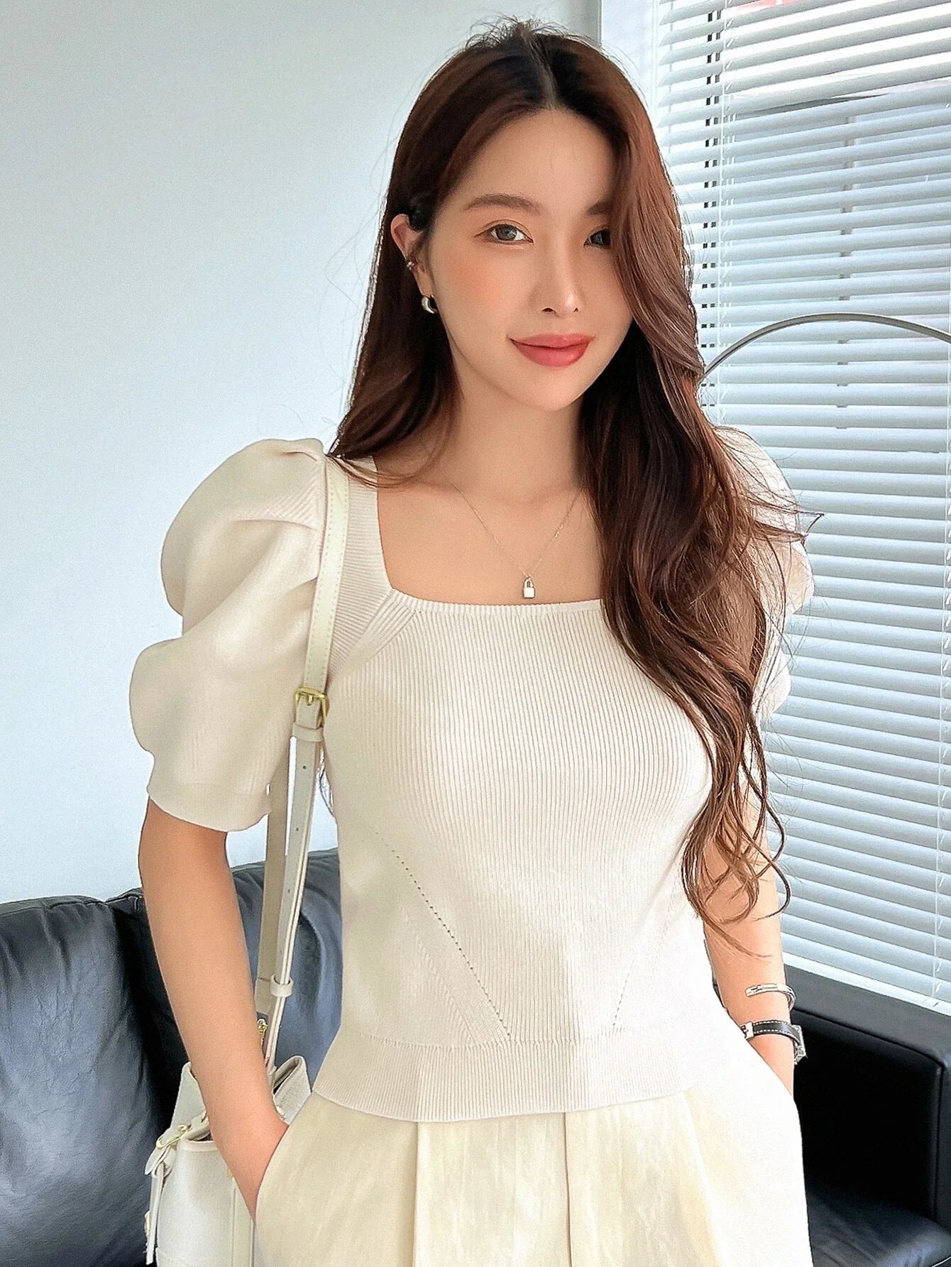 Buy Shein DAZY Square Neck Puff Sleeve Tie Back Knit Top in Pakistan