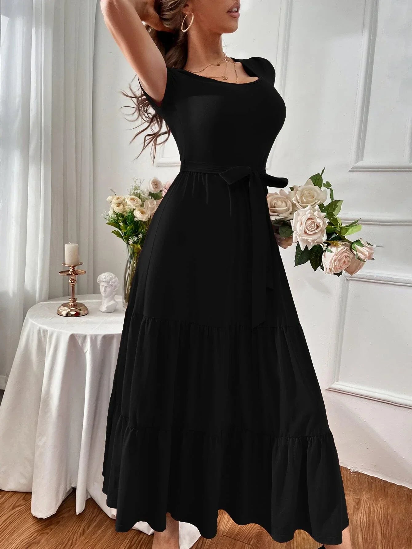 Buy SHEIN A-Line Belted Ruffle Hem Dress in Pakistan