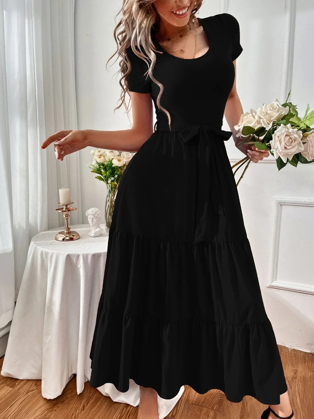 Buy SHEIN A-Line Belted Ruffle Hem Dress in Pakistan