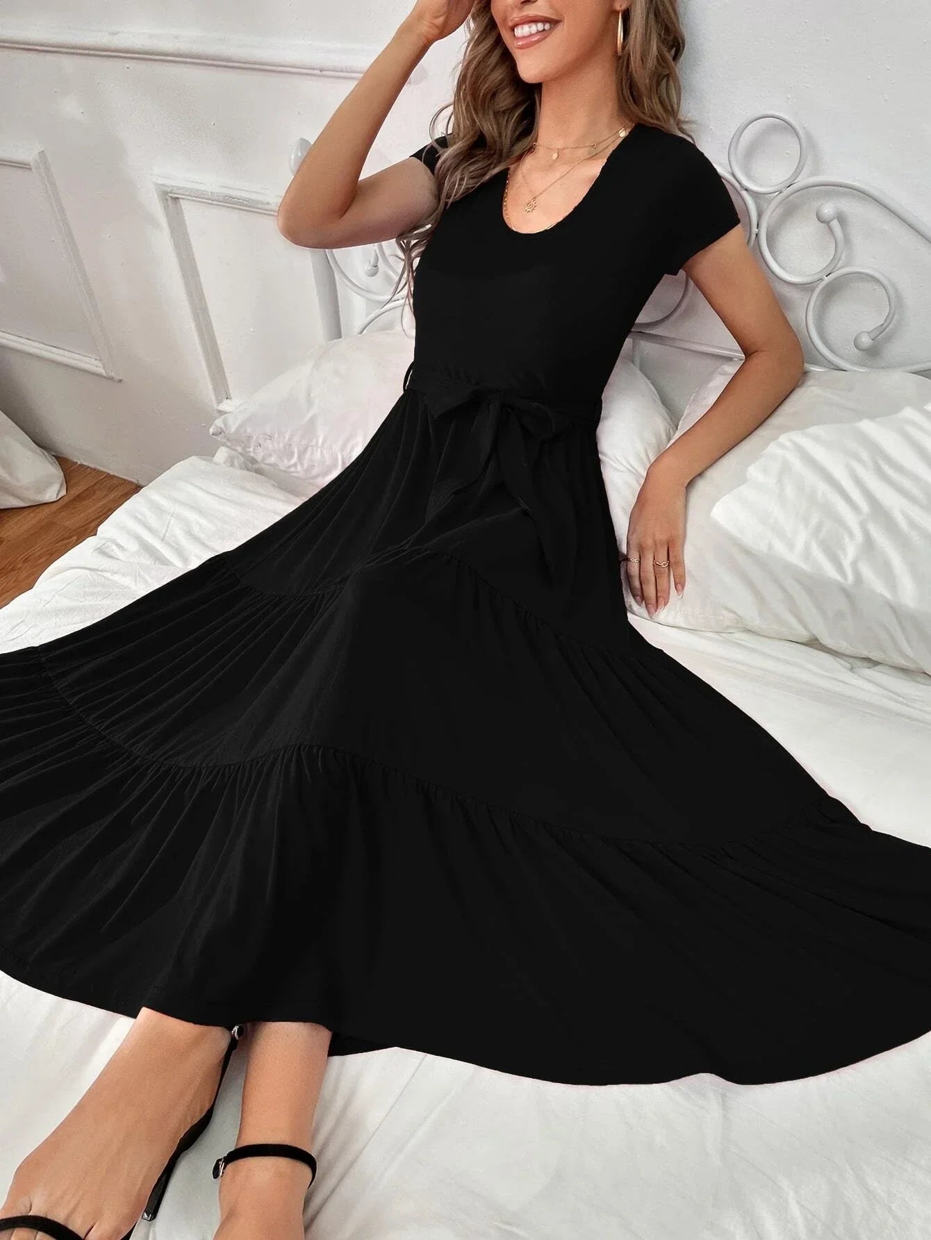 Buy SHEIN A-Line Belted Ruffle Hem Dress in Pakistan