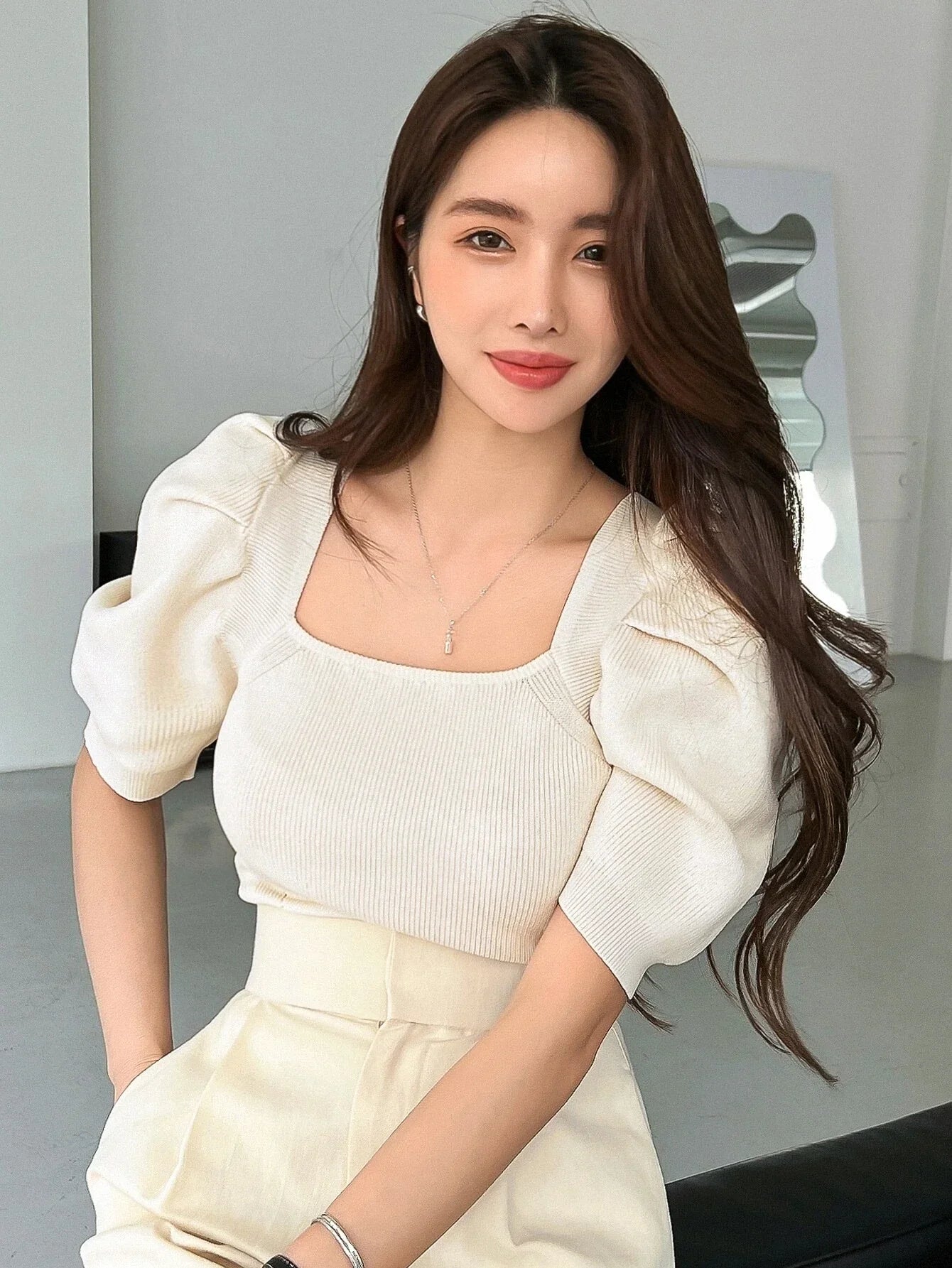 Buy Shein DAZY Square Neck Puff Sleeve Tie Back Knit Top in Pakistan